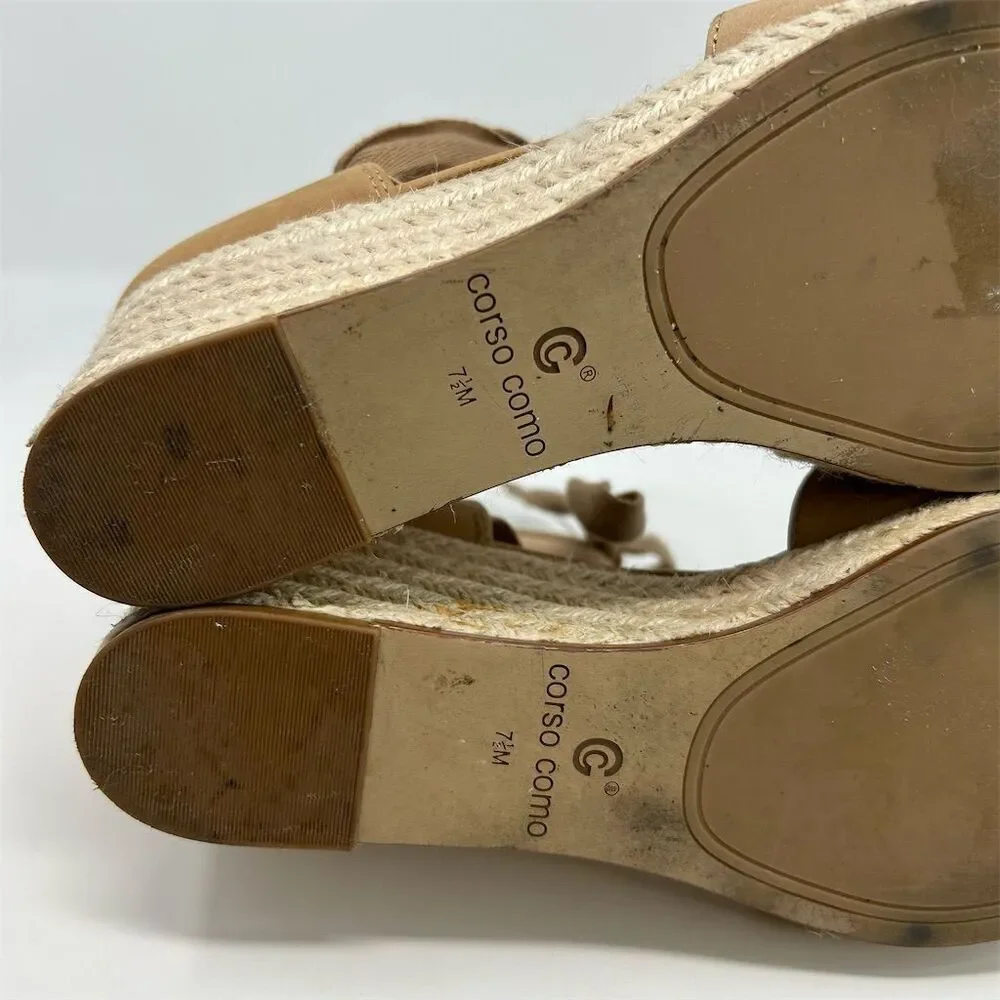 Corso Como Women's Lace Up Tan Brown Leather Espadrille Wedge Sandals Size 7.5